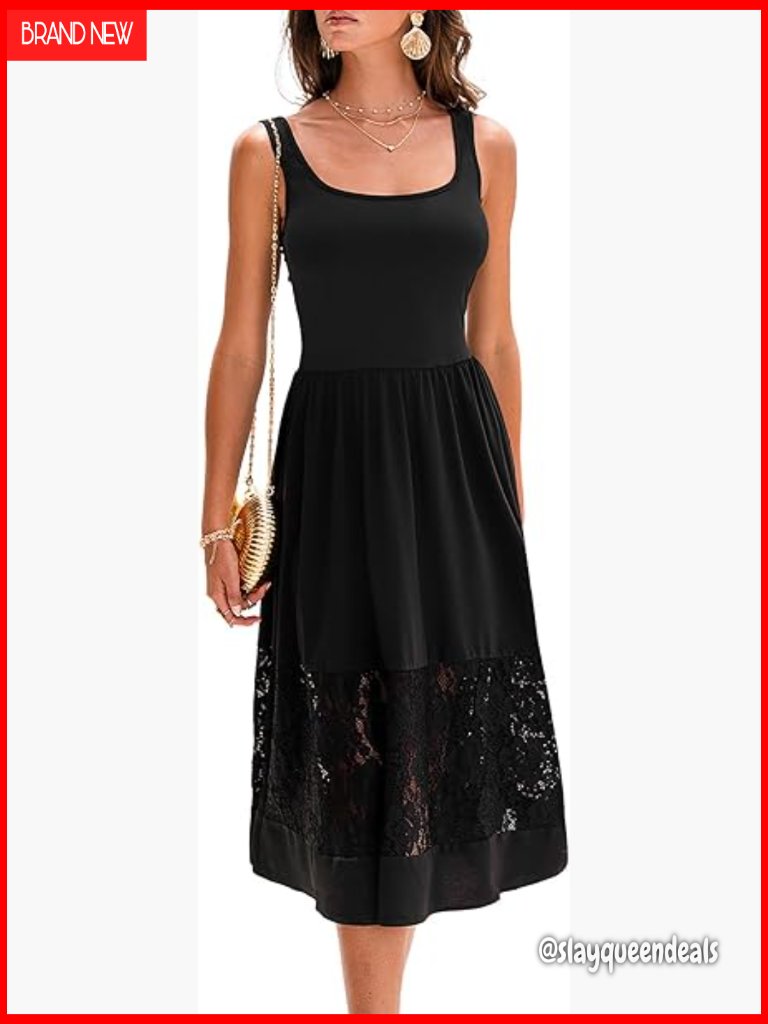 Midi Summer Dress Square Neck Lace Sleeveless Casual Party Sundress Long
